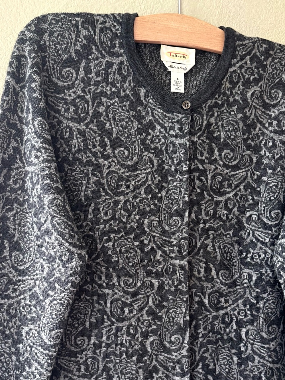 TALBOTS 100% Merino Wool Paisley Cardigan Sweater| Gray Black | Size L | Italy - Picture 2 of 6